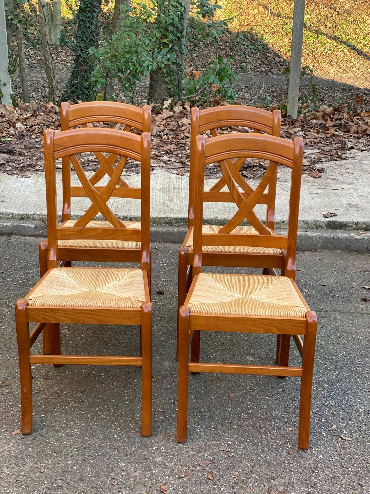 4 medium beech solid wood chairs with rush seats in Louis Philippe style