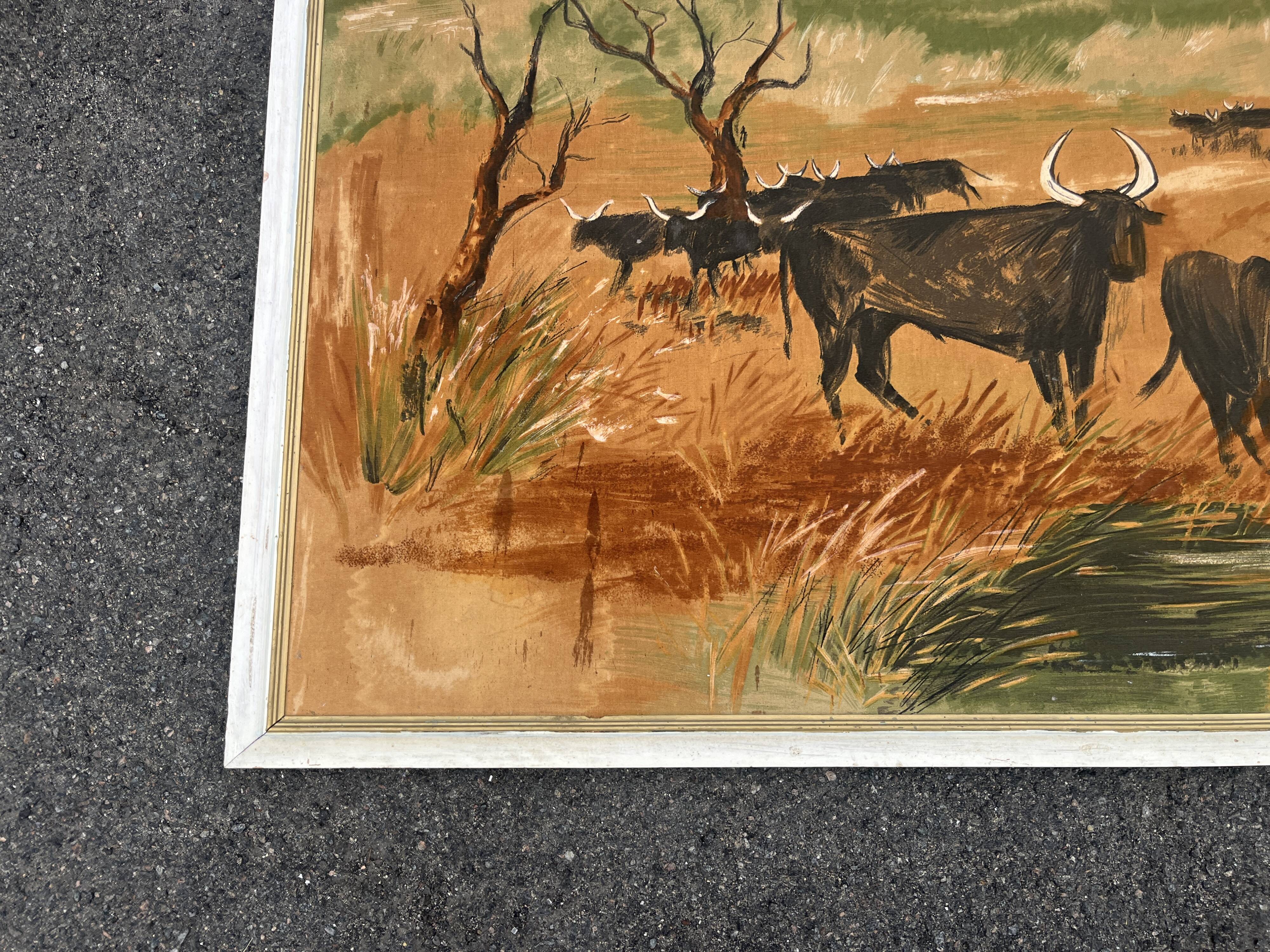 Large old painting signed K. Chamby - Scene of bulls / manade in Camargue