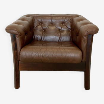 Danish Mid Century Vintage Brown Leather & Rattan Club Chair 1970,S