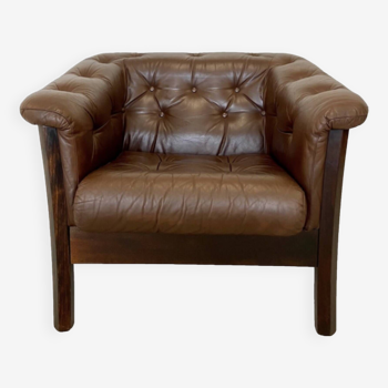 Fauteuil club danois vintage du milieu du siècle en cuir marron et rotin 1970,S