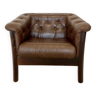 Fauteuil club danois vintage du milieu du siècle en cuir marron et rotin 1970,S