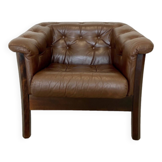 Danish Mid Century Vintage Brown Leather & Rattan Club Chair 1970,S