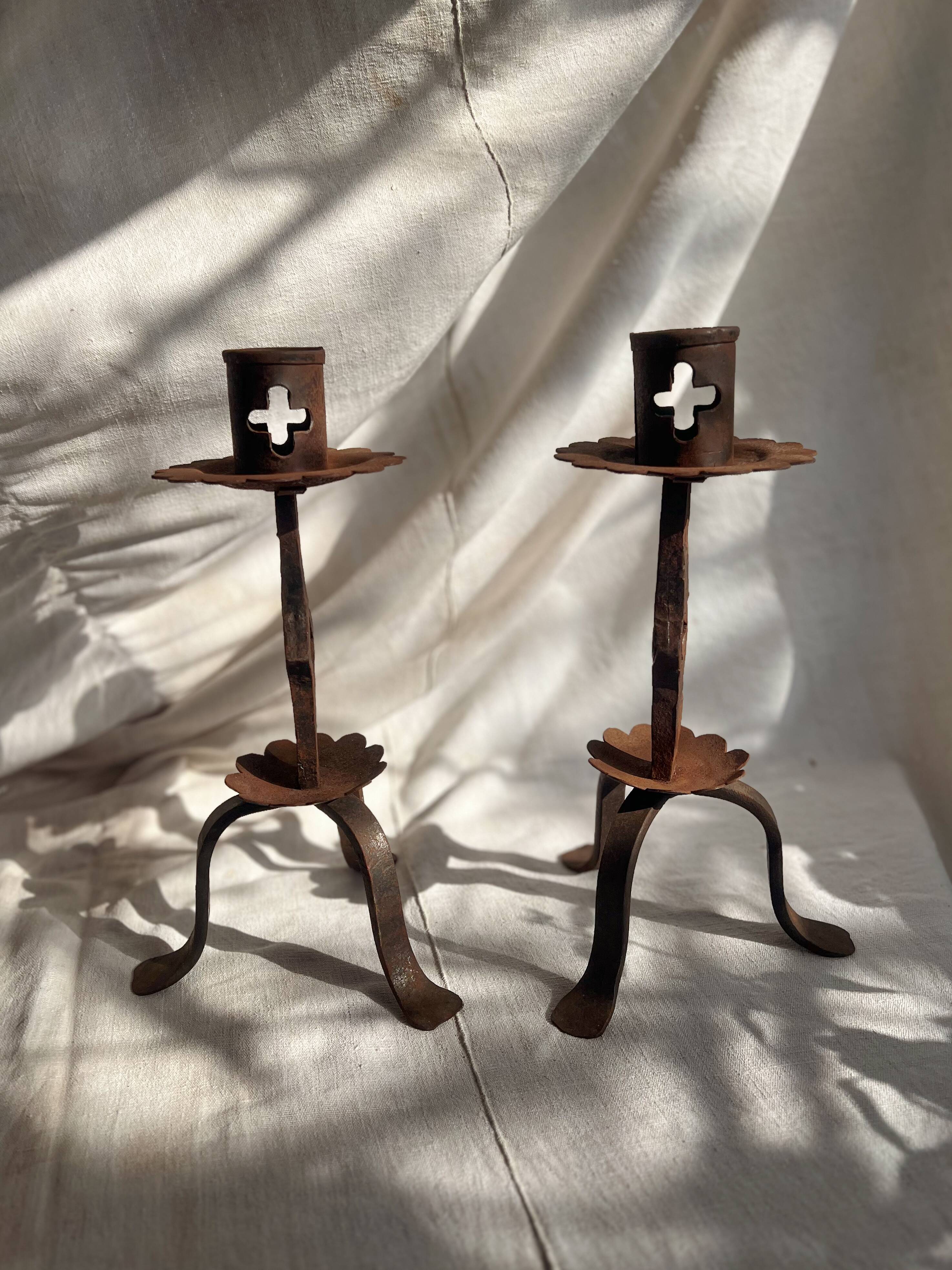 Pair of Antique French Wrought Iron Candlesticks