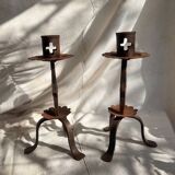 Pair of Antique French Wrought Iron Candlesticks