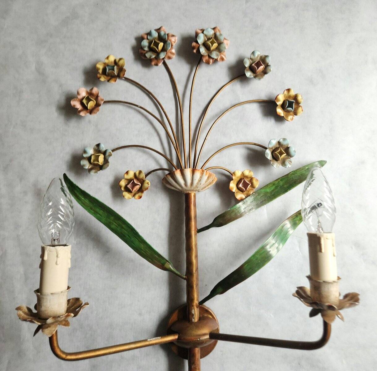 XL Vintage Mid-Century handmade 2 light bouquet wall lamp Italy 1950-1970