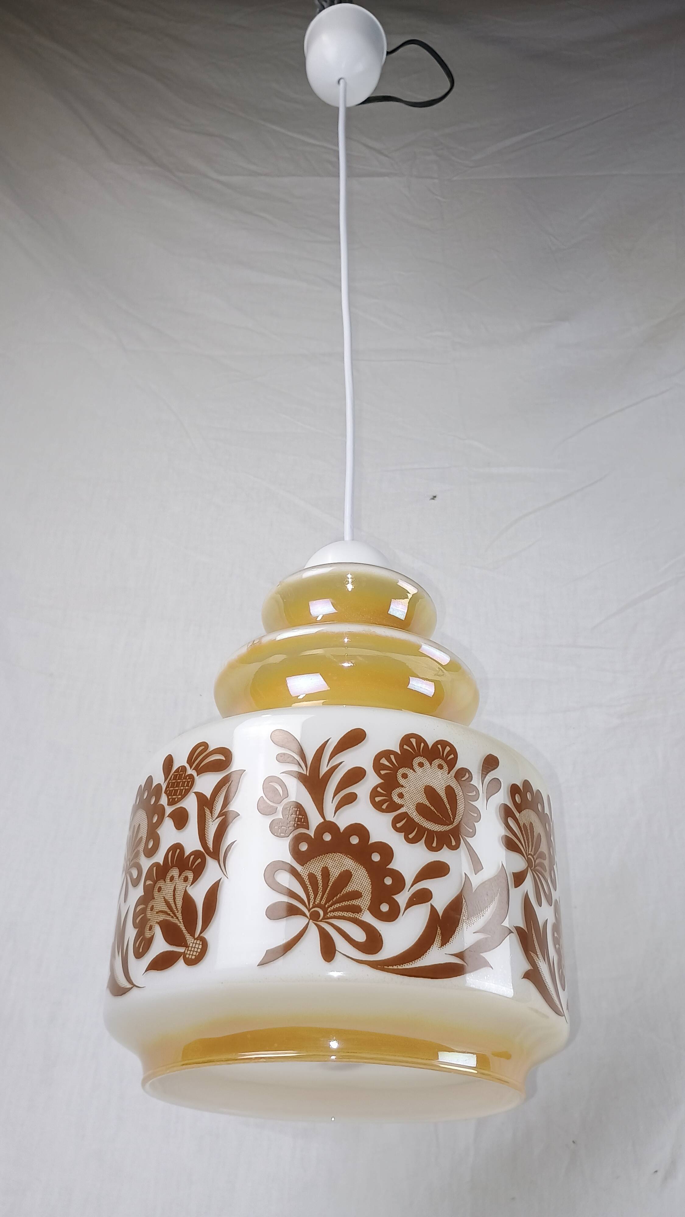 Venini Vintage Murano Glass Pendant Light, White and Brown Floral Design, 1950s