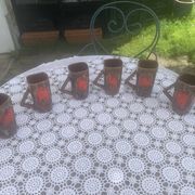 6 enamelled ceramic mugs, red and brown, Vallauris, vintage and designer