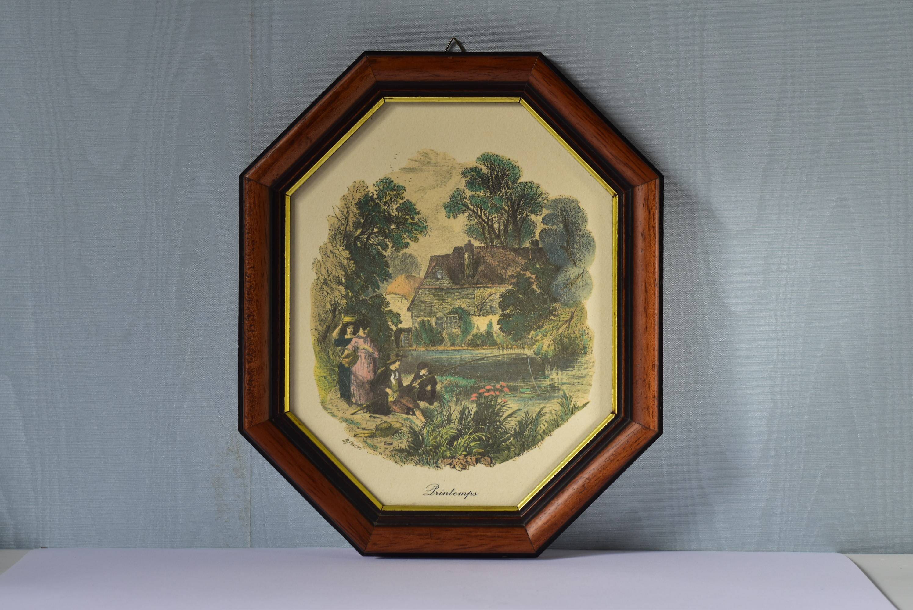 octo frame with spring scene engraving signed B.Foster