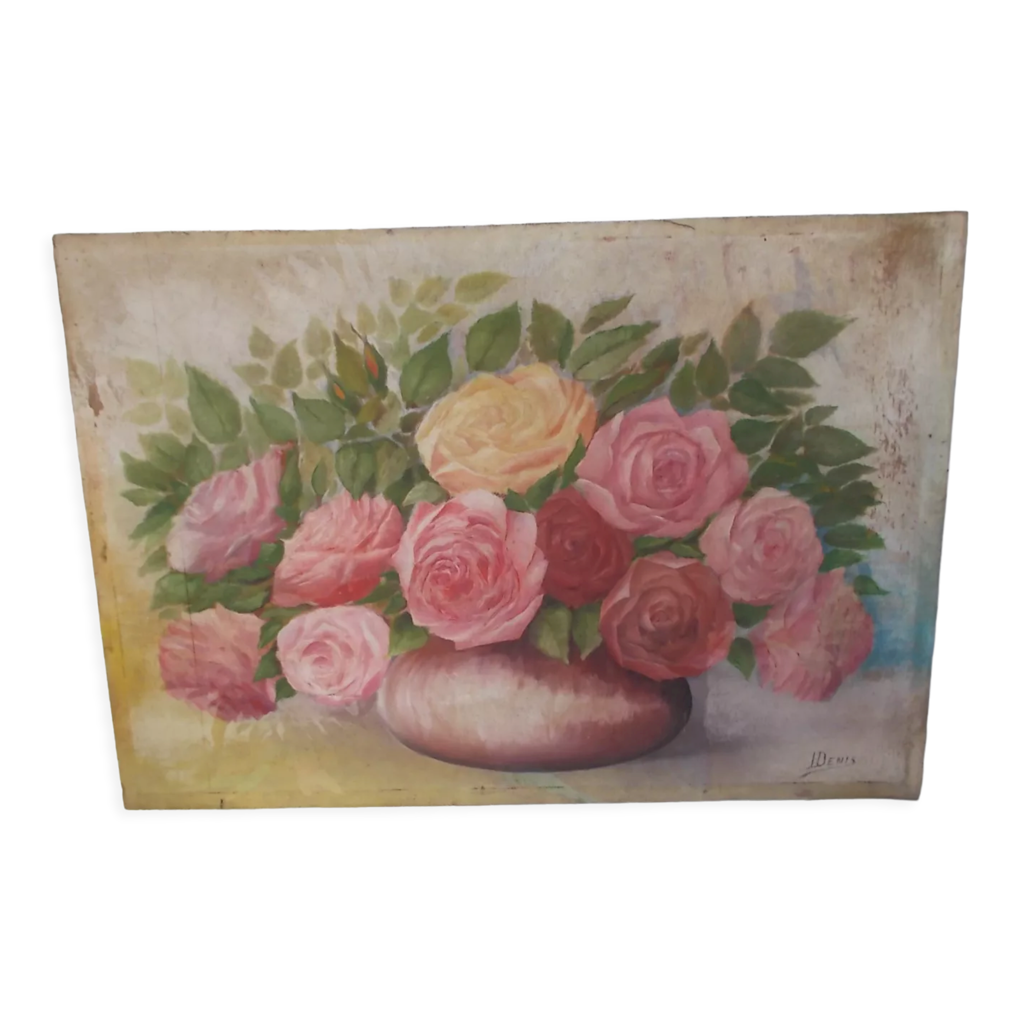 Tableau of a bouquet of flowers on a double-sided wooden panel.