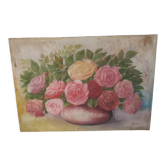 Tableau of a bouquet of flowers on a double-sided wooden panel.