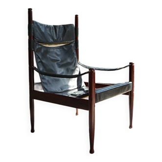 Danish Modern Leather High Back Safari Chair by Erik Wørts for Nils Eillersen, 1960s