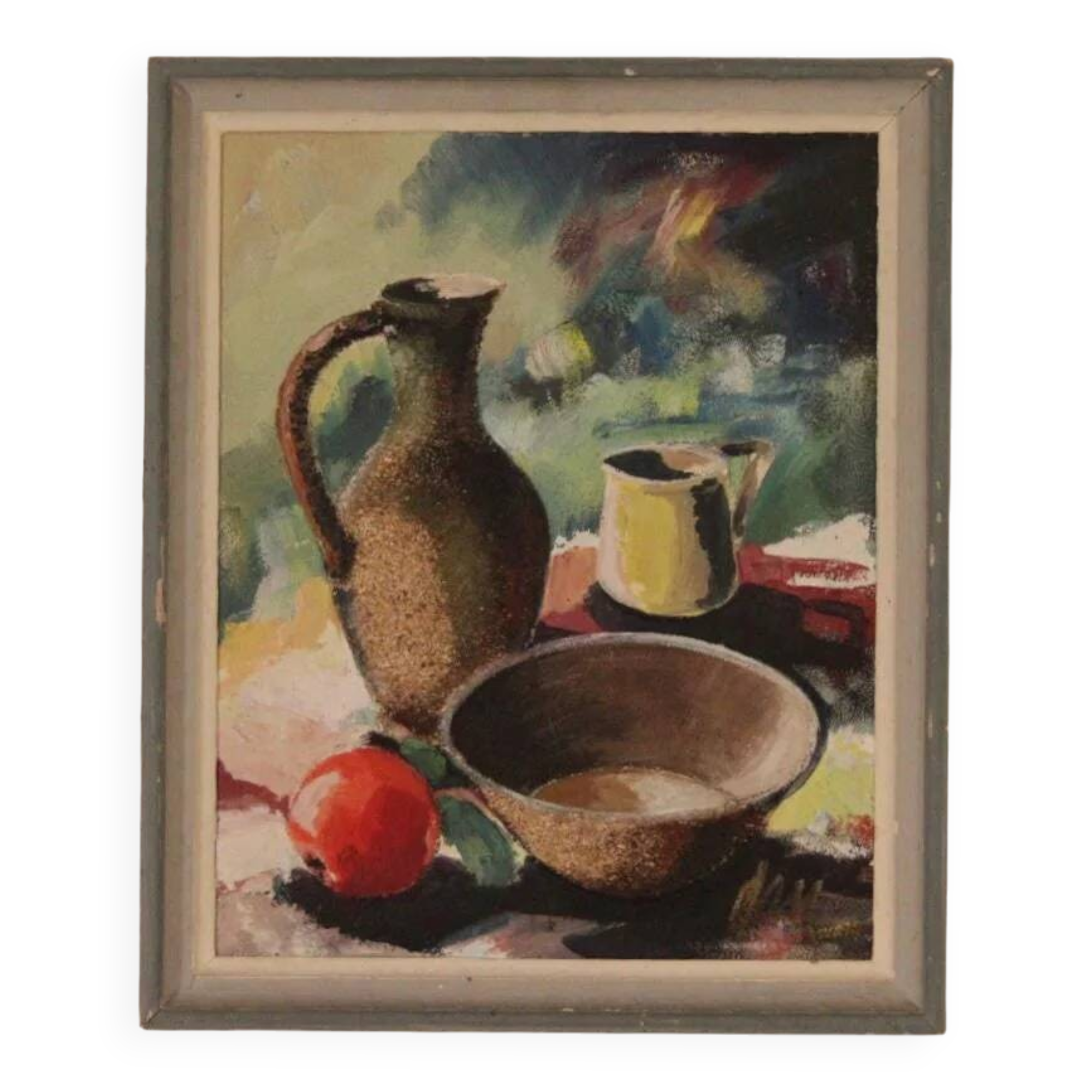 Huile sur toile suédoise originale vintage – nature morte avec vase et fleurs