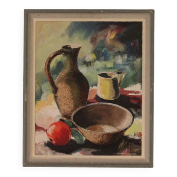 Huile sur toile suédoise originale vintage – nature morte avec vase et fleurs