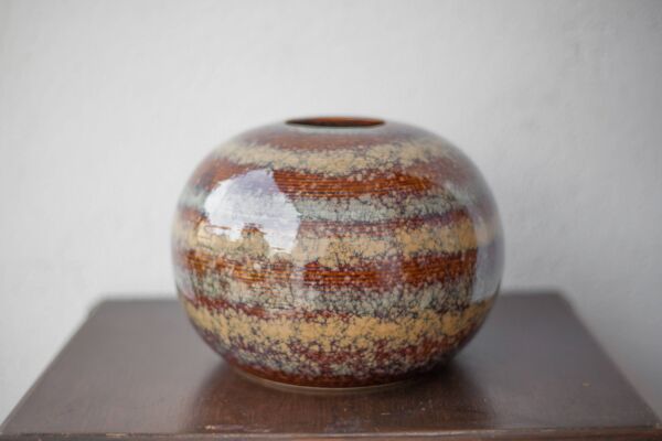 Vase céramique vernissée striée, vase boule, pot à fleurs, décoration intérieur, collection, 70's