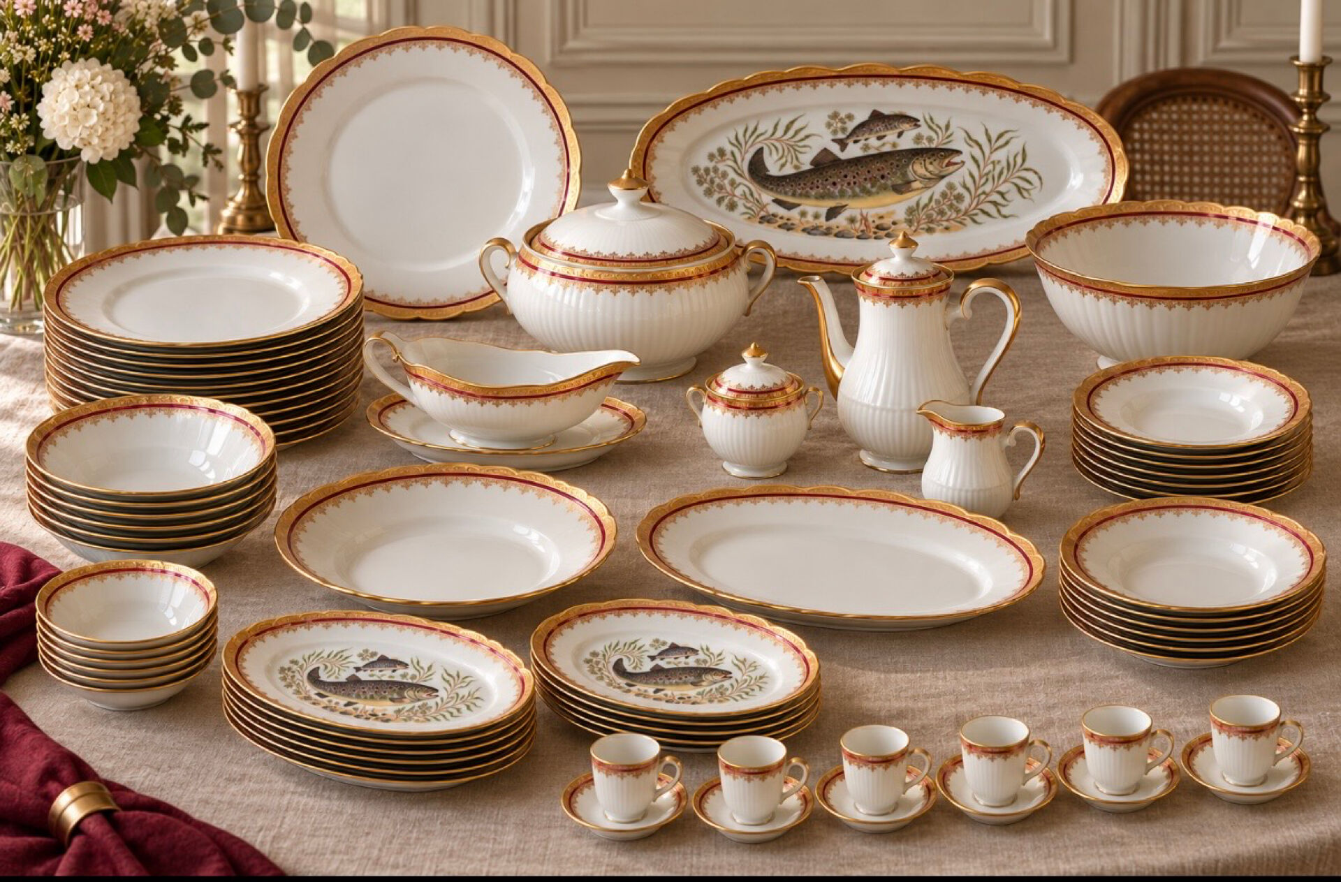 Service complet 78 pièces en porcelaine de Limoges filet or
