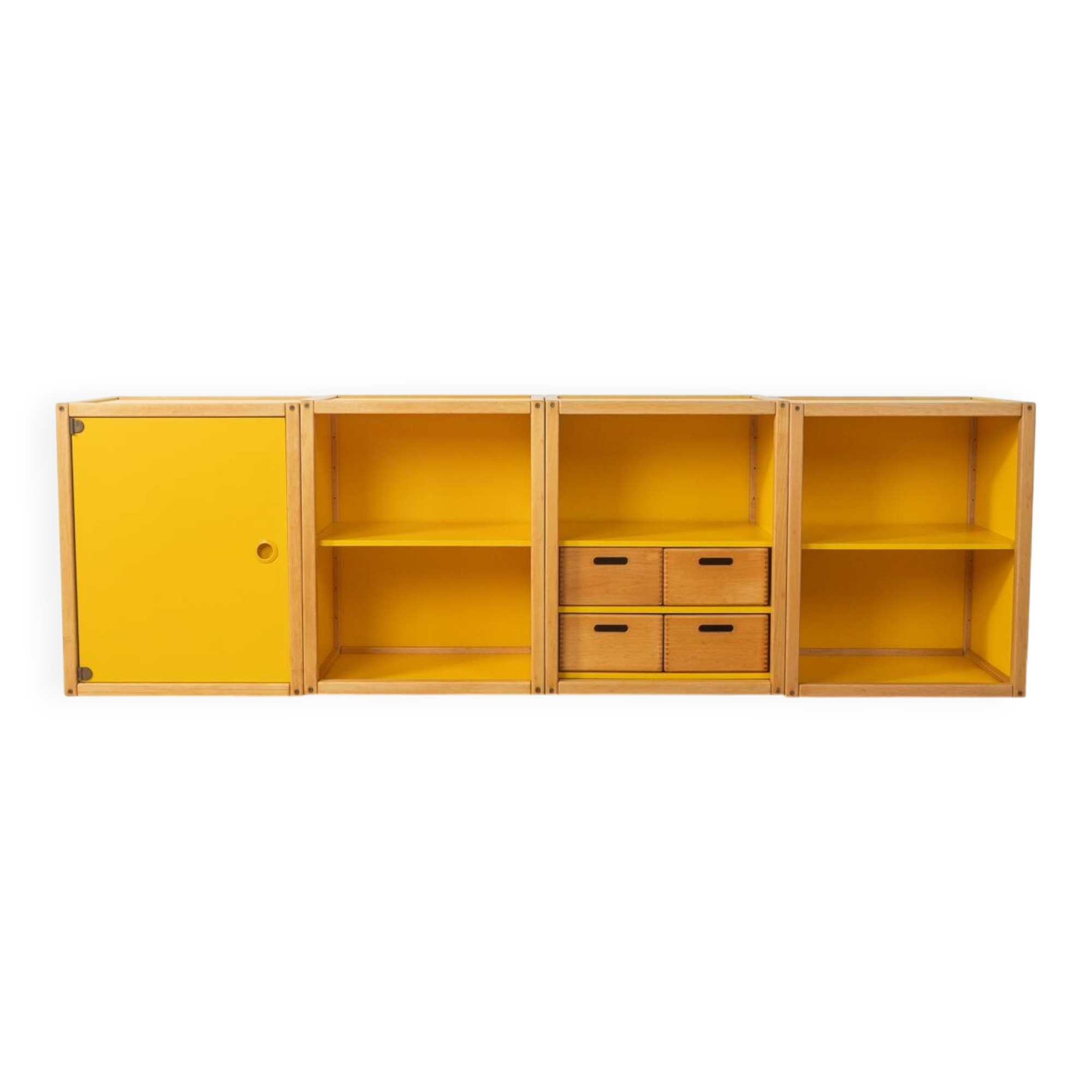 Flötotto modular system, 1970s, yellow, beech, four-piece