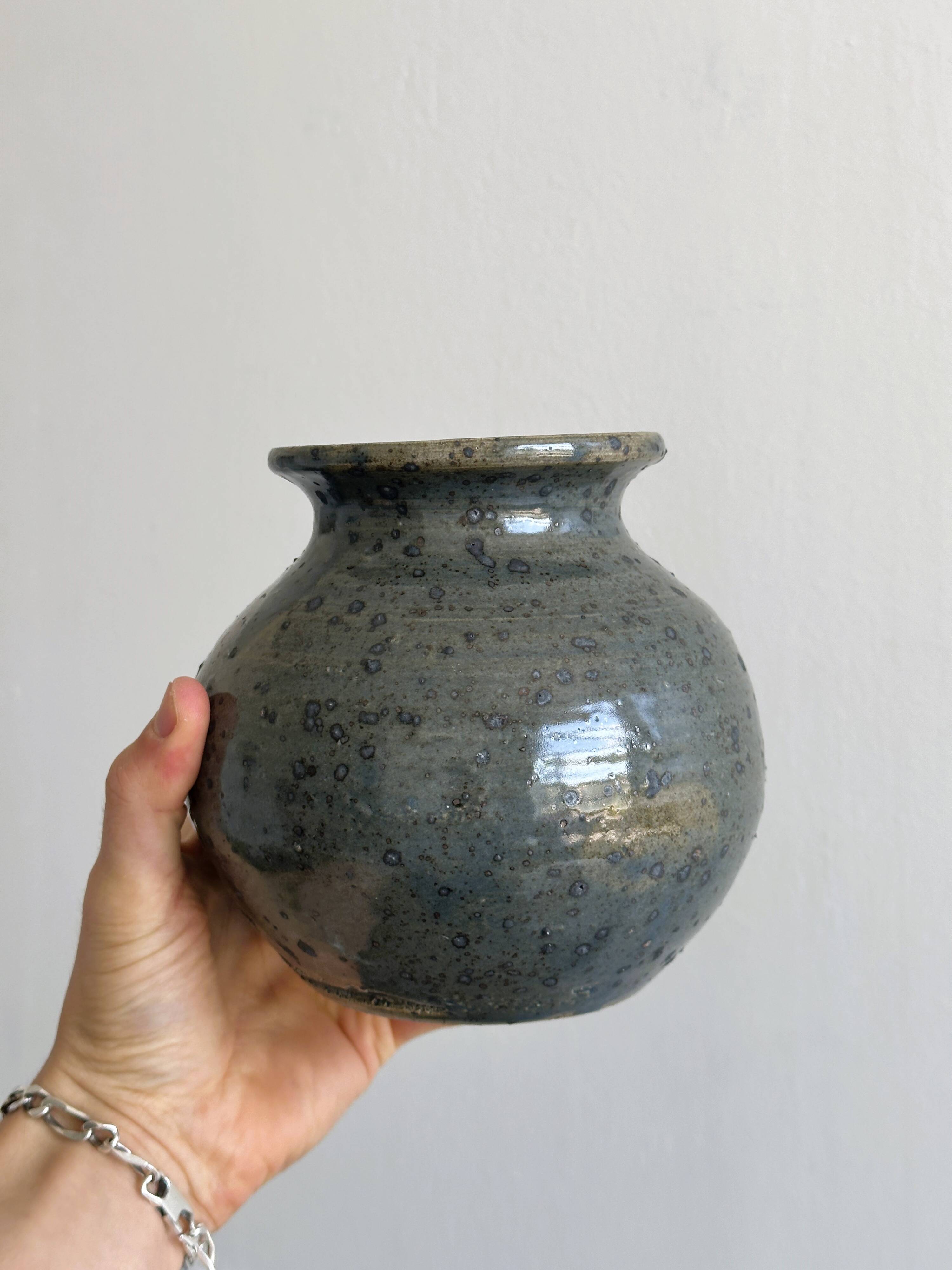 2 stoneware ceramics, vintage glazed stoneware vase