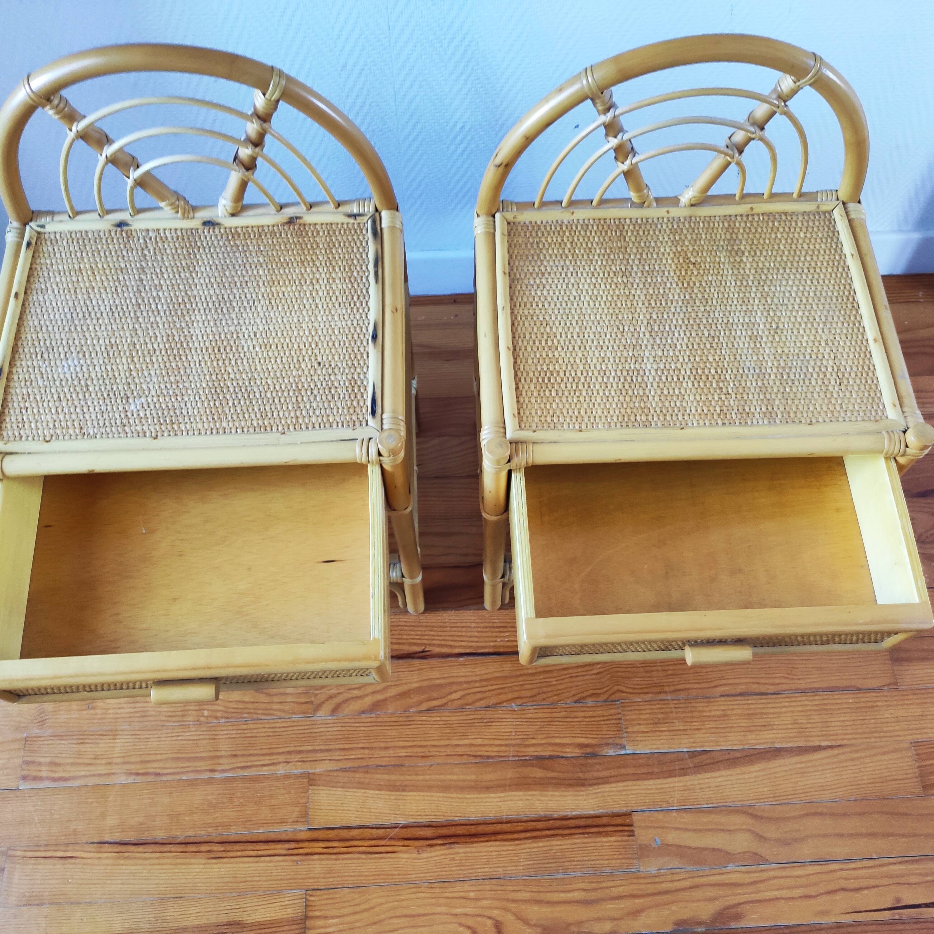 Pair of vintage bedside tables in light rattan