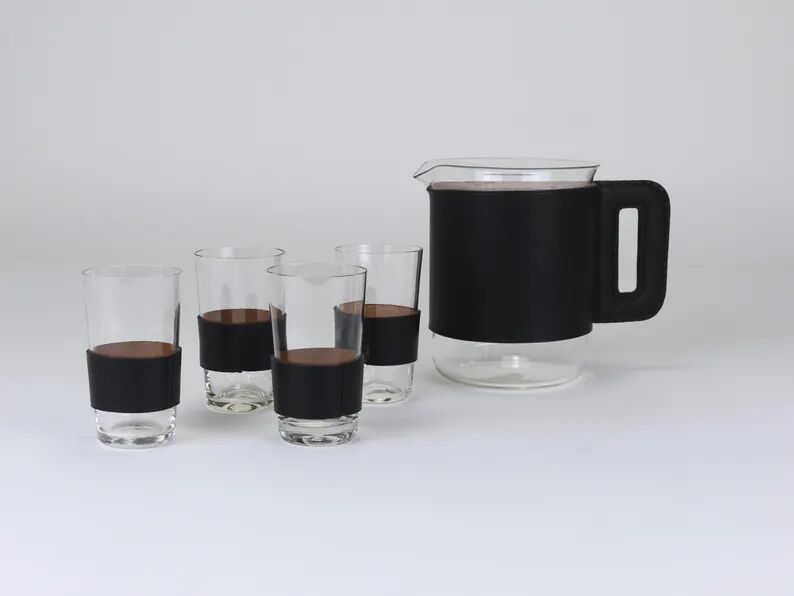 Carl Auböck Martini Set Black Leather Pitcher & Glasses, Austria, 1950s