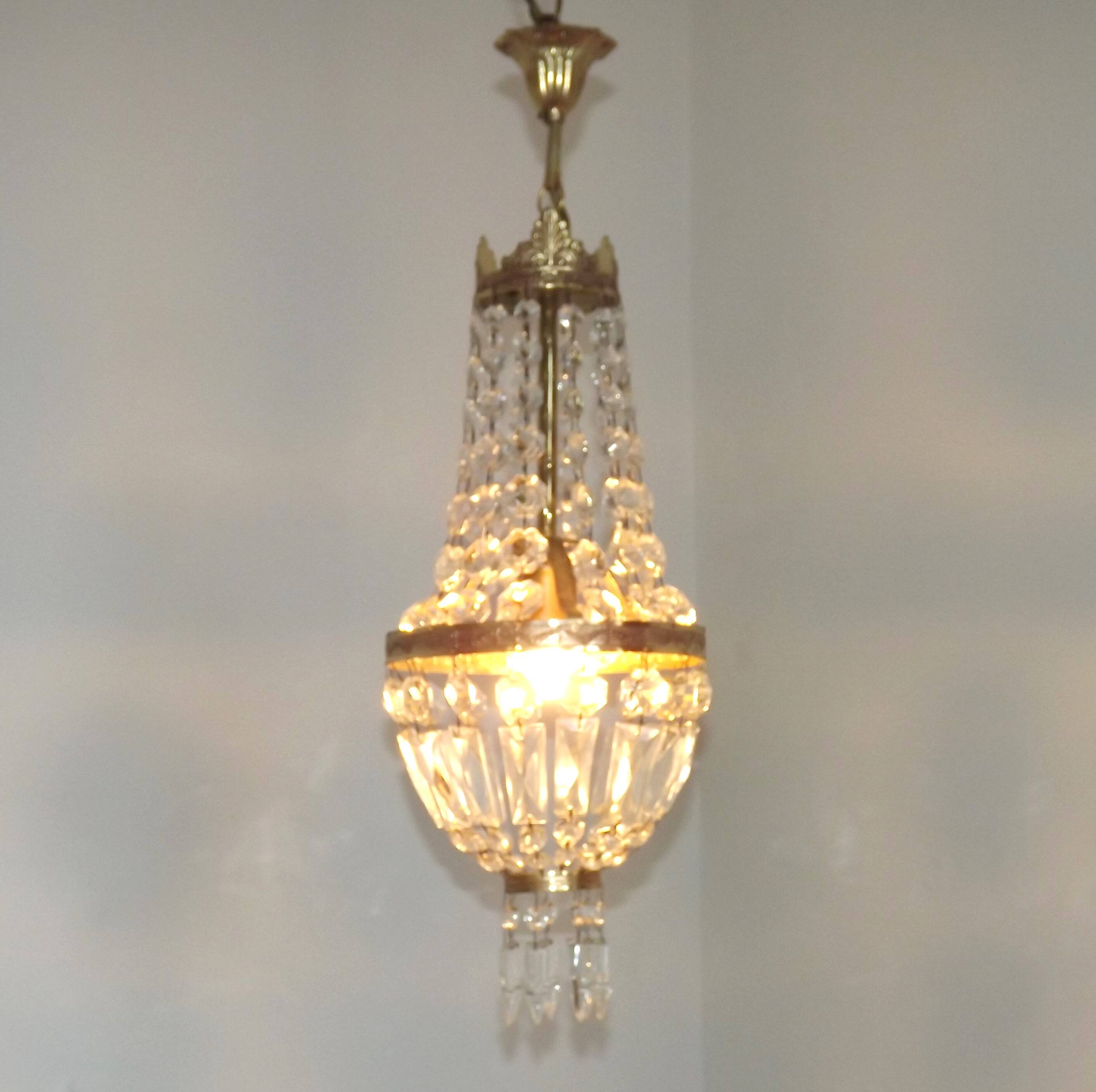 French Empire Style Bronze Single Montgolfier Crystal Basket Chandelier