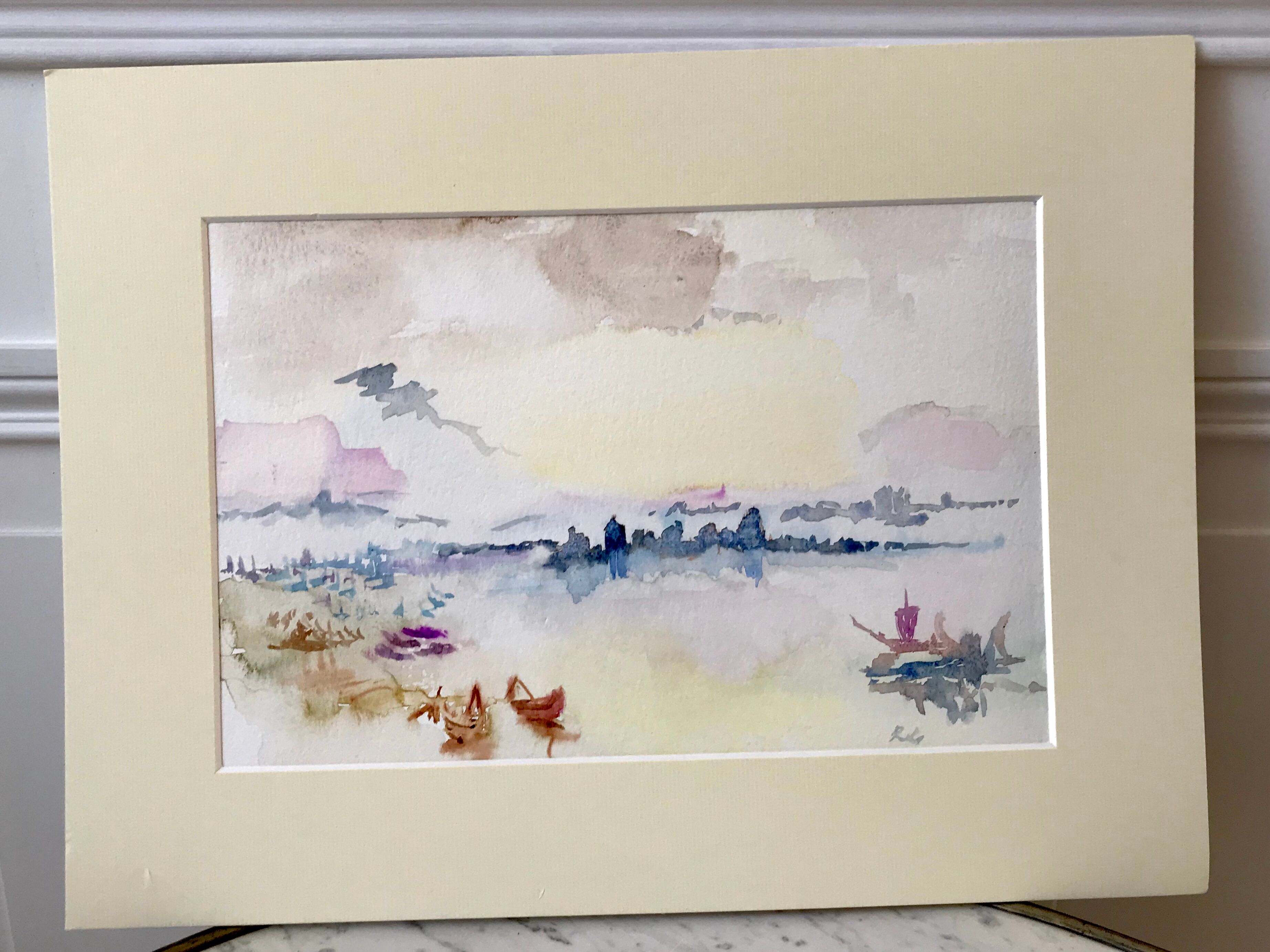 Watercolor sunset sea signed Roseline Lombard