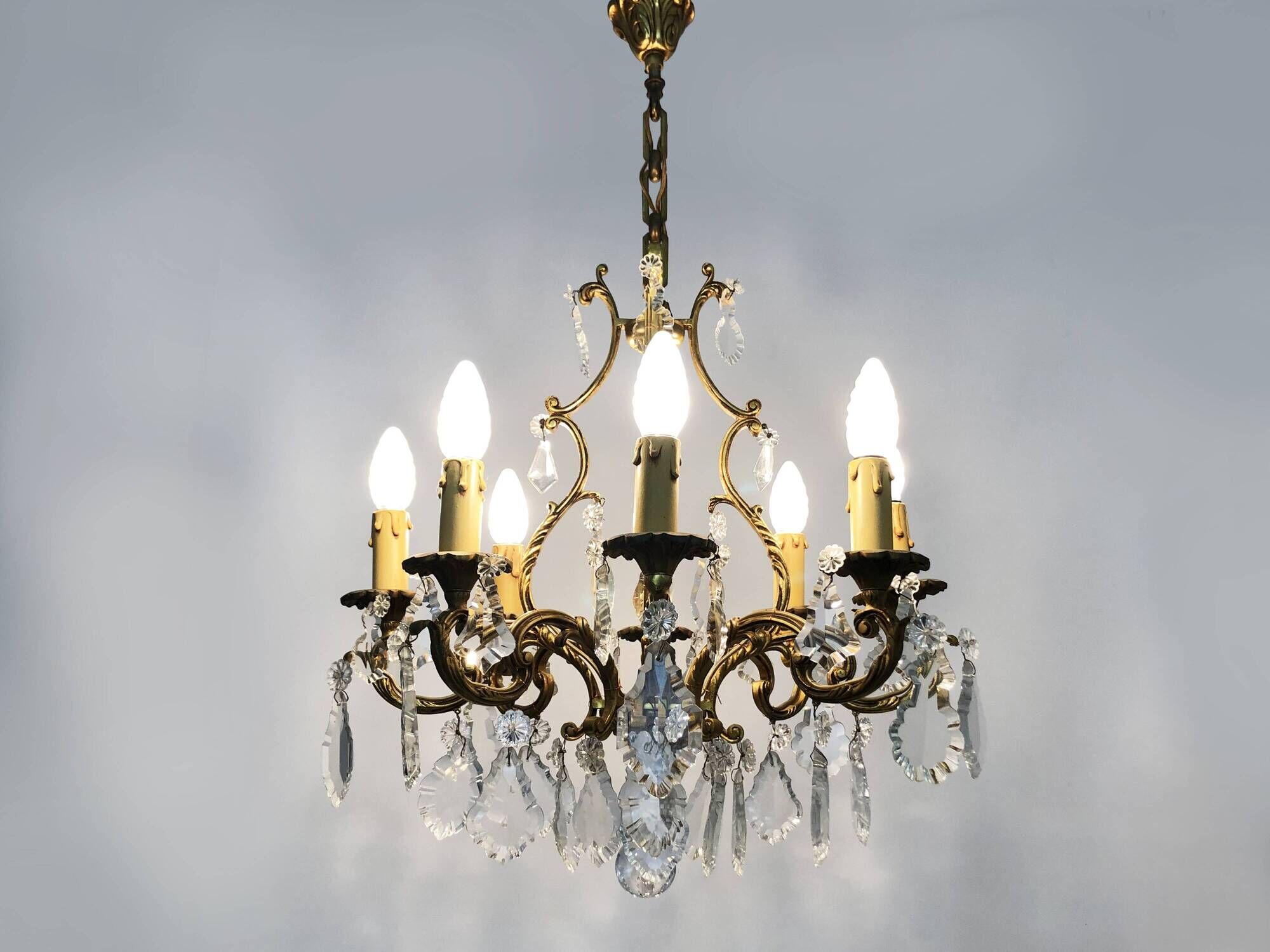 Bronze cage chandelier with glass pendants, 8 lights. tassel chandelier. 60s