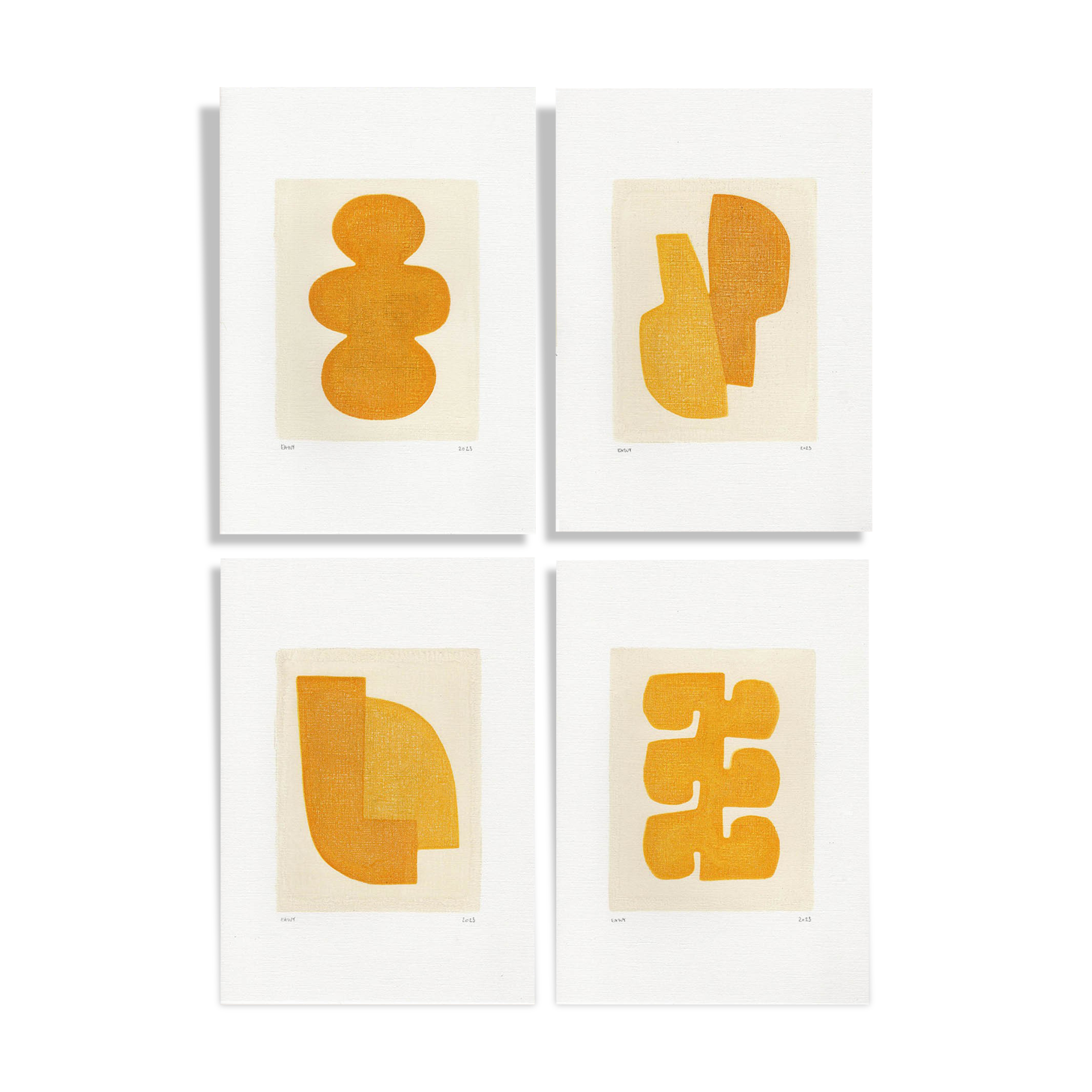 Series of 4 paintings on paper - yellow abstract compositions - signed Eawy