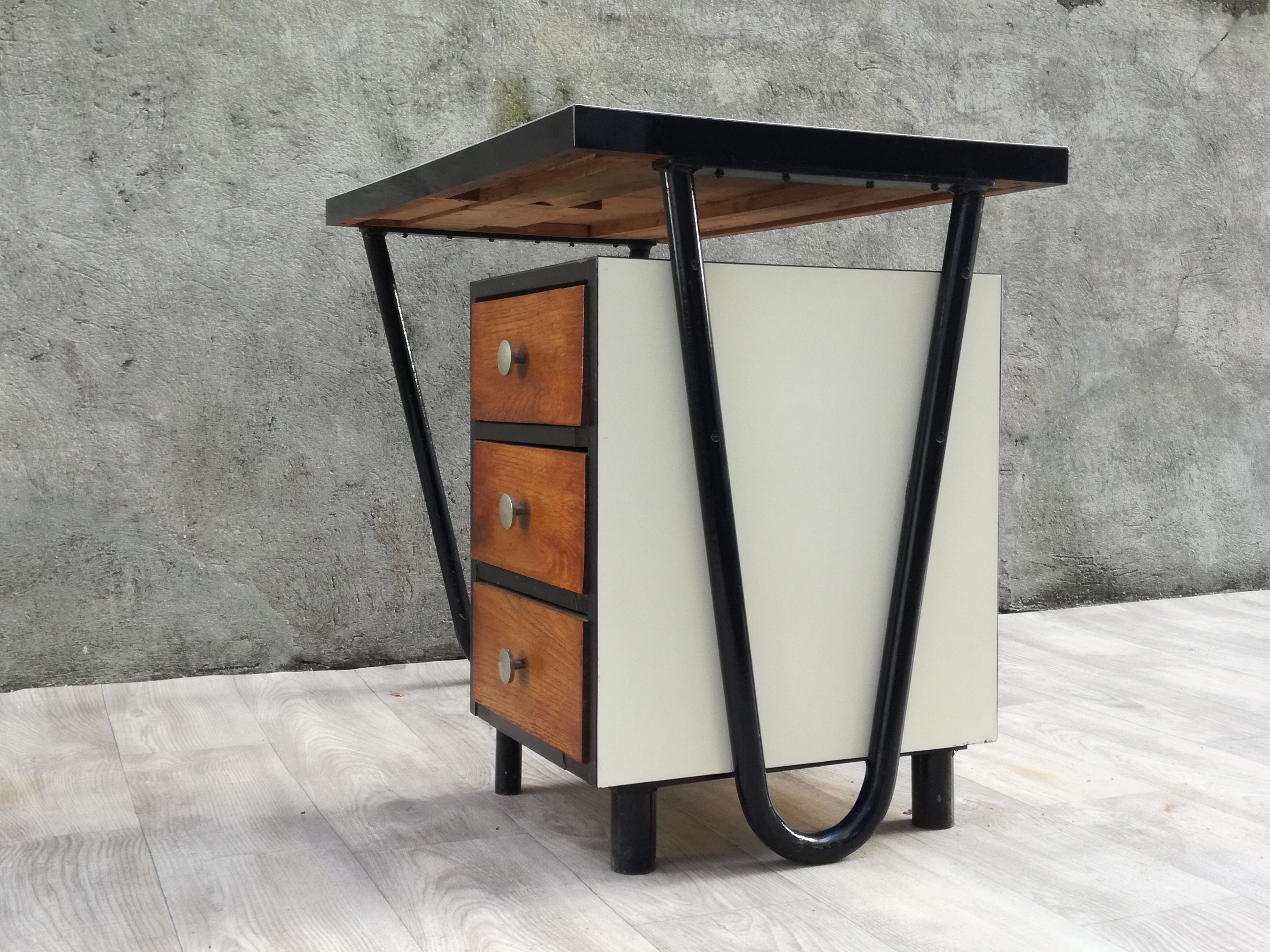 Modernist desk in metal and wood, 1950 s