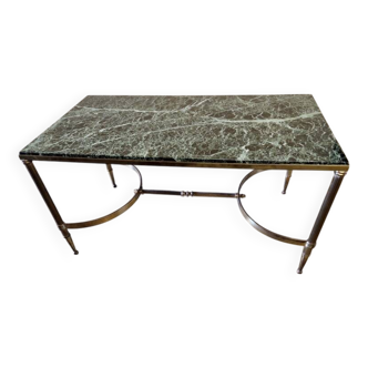 Table basse en laiton et dessus de marbre veiné vert des Alpes - 1960