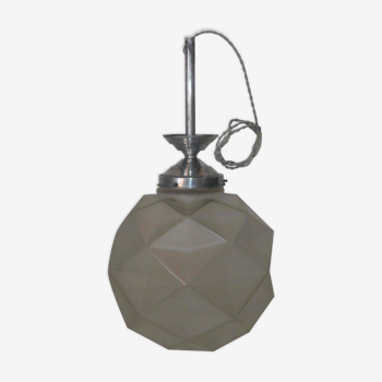 Art Deco globe pendant lamp in molded glass pressed with facets