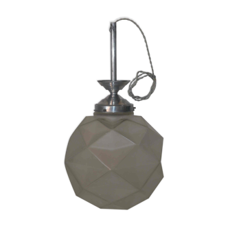 Art Deco globe pendant lamp in molded glass pressed with facets
