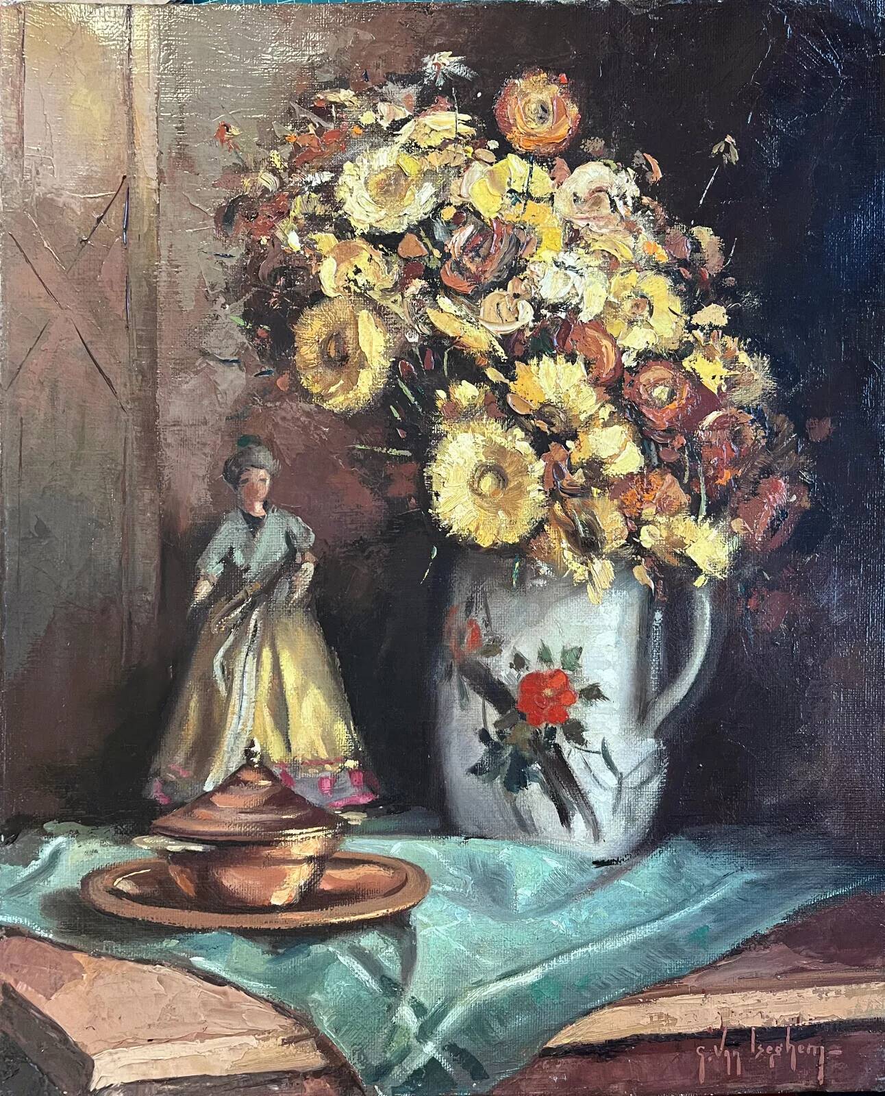 HST painting "Still life with flowers and doll" Guy VAN ISEGHEM (1905-?)