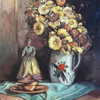 Tableau HST "Nature morte aux fleurs et poupée" Guy VAN ISEGHEM (1905-?)