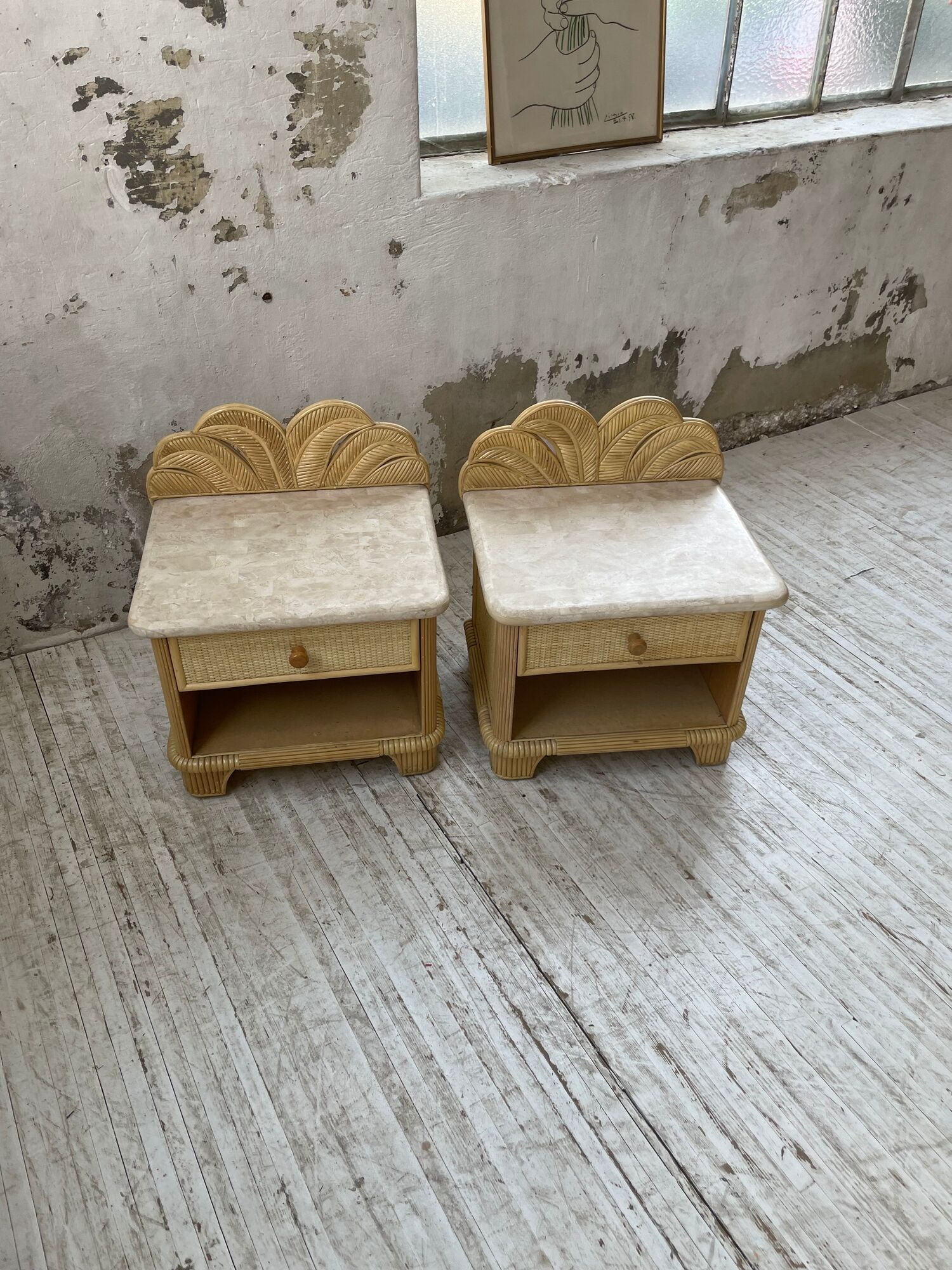 Pair of travertine bedside and rattan palm tree "vivai del sud"