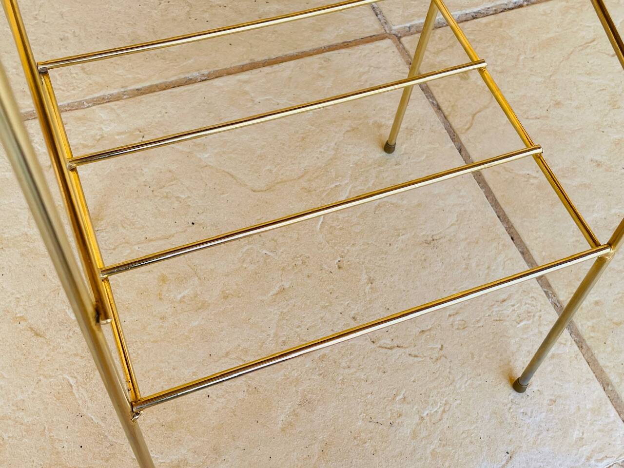 Vintage side table, 2 wooden and brass shelves, circa 1960s