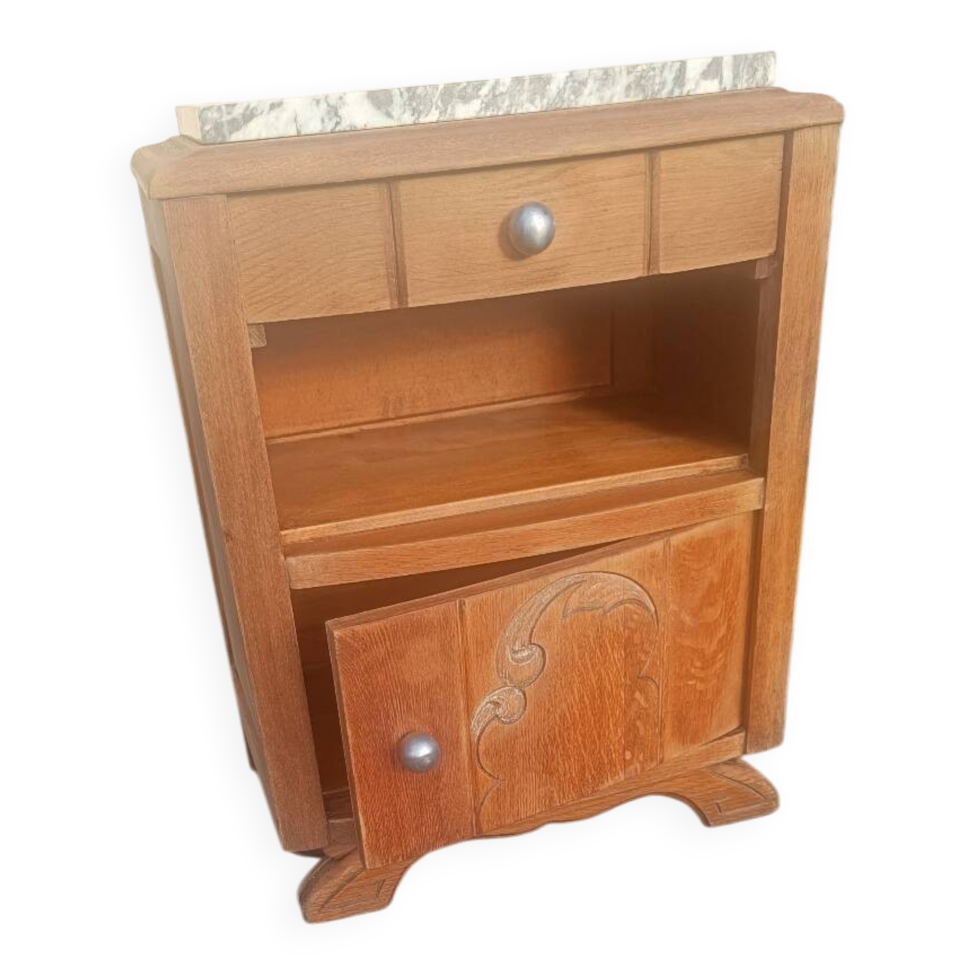 Solid oak bedside table with marble