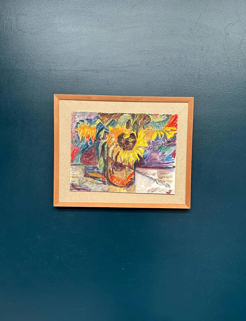 Original Swedish Oil on Panel – “Sunflowers” – Monogram Signed – Vintage & Framed
