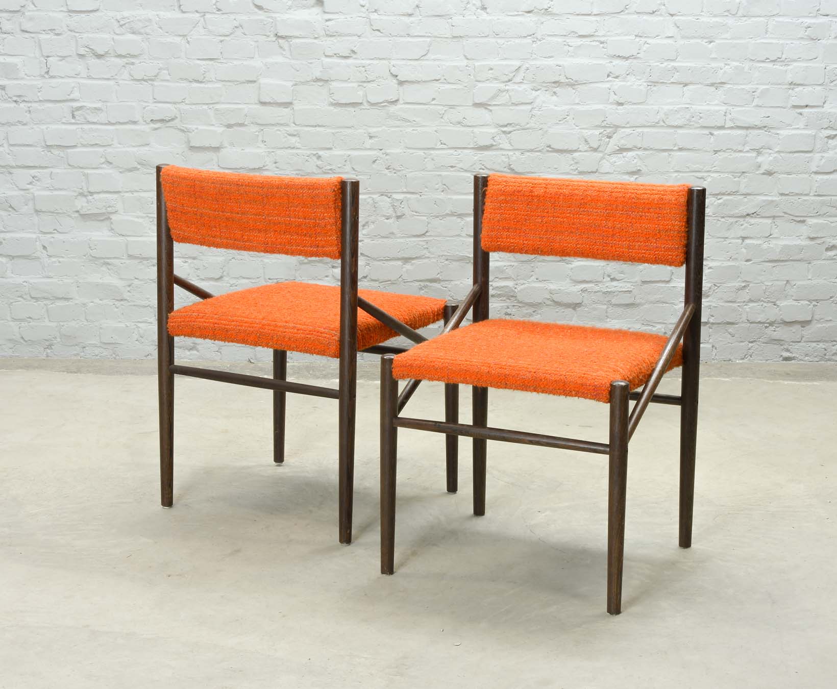 4 Wengé Wooden Dining Chairs with Orange Bouclé Fabric Upholstery 1960s