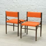 4 Wengé Wooden Dining Chairs with Orange Bouclé Fabric Upholstery 1960s