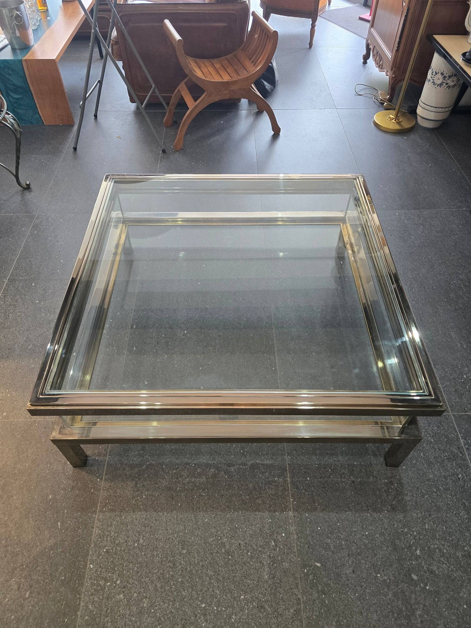 Sliding top coffee table – 70s design – chrome & glass – 108 cm