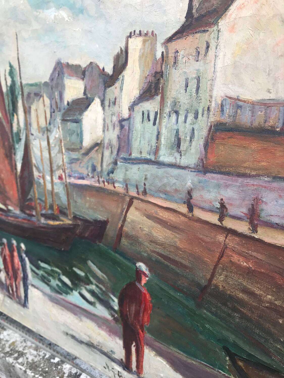 Large old marine oil painting - Sailboats in port.