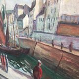 Grande Huile marine ancienne- Voiliers au port.