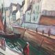 Large old marine oil painting - Sailboats in port.
