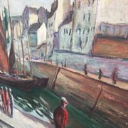 Large old marine oil painting - Sailboats in port.