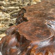 Brutalist coffee table in solid elm and wrought iron, ram's horn legs.