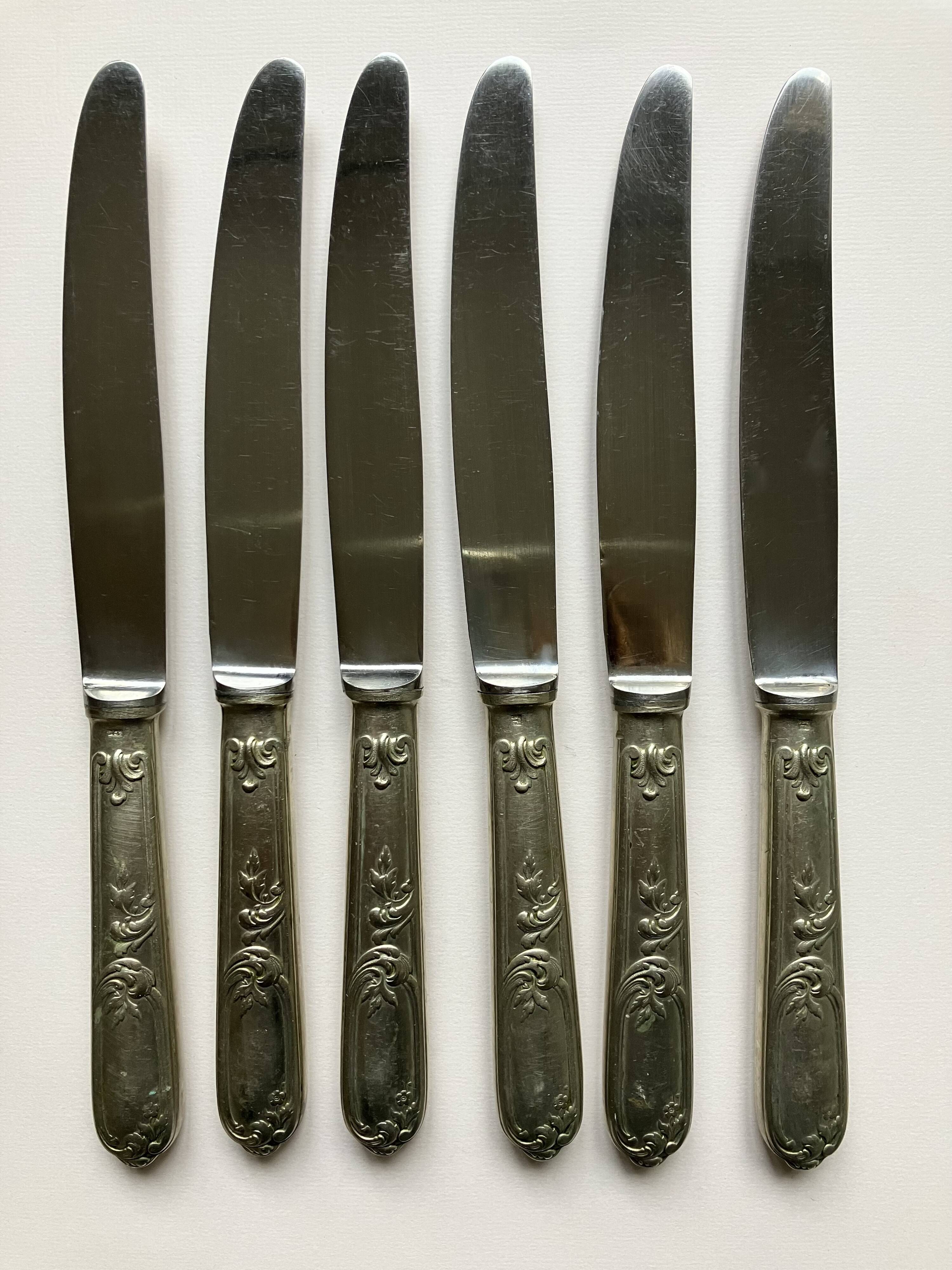 6 antique knives, silver plated metal
