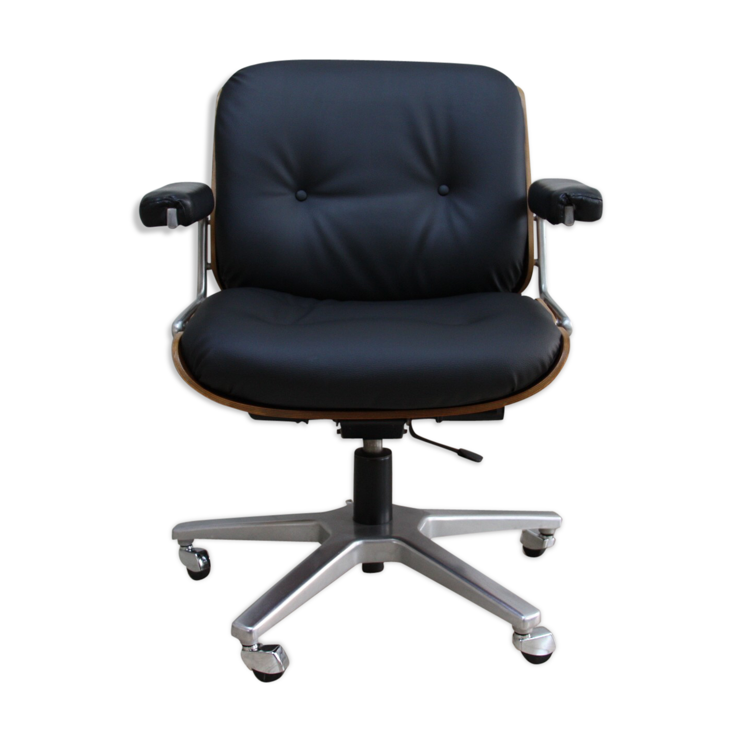 Vintage swivel office armchair in black leather and wood by Giroflex 60s