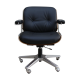 Vintage swivel office armchair in black leather and wood by Giroflex 60s