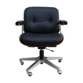 Vintage swivel office armchair in black leather and wood by Giroflex 60s