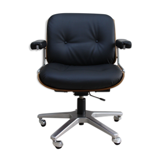Vintage swivel office armchair in black leather and wood by Giroflex 60s